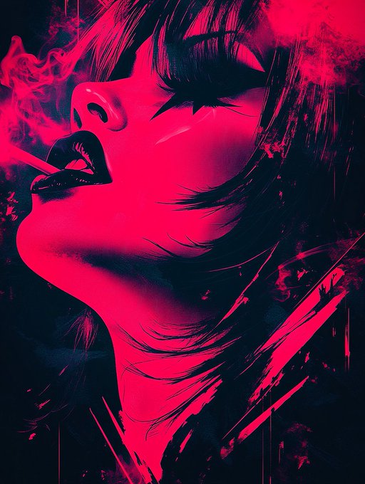 A stylized digital illustration of a woman's face with closed eyes and a cigarette in her lips, rendered in bold pink and black brushstroke style.