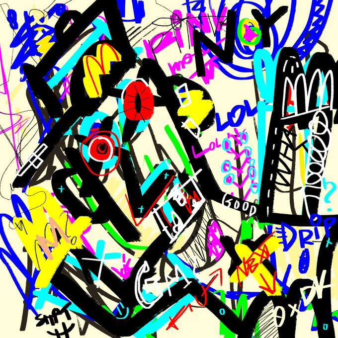 A vibrant, chaotic graffiti-style digital artwork featuring abstract black brushstrokes, colorful tags, words like 'GOOD' and 'Next', and stylized eye motifs on a light background.