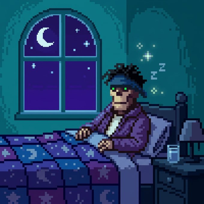 A pixel art image depicting a character wearing a sleep mask and pajama shirt sleeping in bed with 'Zzz' symbols above their head, set against a nighttime backdrop with a crescent moon visible through a window.