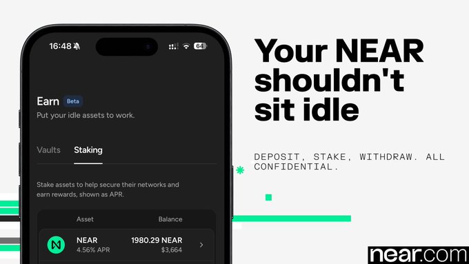 Mobile app screenshot showing a NEAR staking feature ('Earn Beta') with a 4.56% APR on 1980.29 NEAR, alongside the text 'Your NEAR shouldn't sit idle' and 'near.com'.