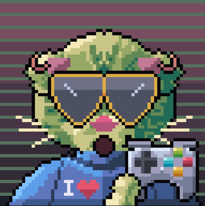 A pixel art illustration shows a green cat wearing large aviator sunglasses and a blue shirt with 'I ♥', holding a retro game controller.