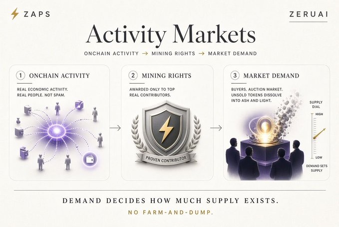 An infographic for ZAPS titled 'Activity Markets' explaining a three-step process: Onchain Activity (real economic activity), Mining Rights (awarded to top contributors), and Market Demand (buyers in an auction market). The bottom reads 'DEMAND DECIDES HOW MUCH SUPPLY EXISTS. NO FARM-AND-DUMP.'