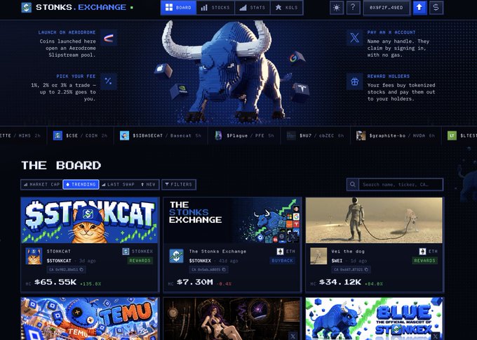 The Stonks Exchange board displaying trending tokens including $STONKCAT, The Stonks Exchange, Wei the dog, TEMU, and BLUE, featuring a bull mascot and a 'LAUNCH ON AERODROME' section.
