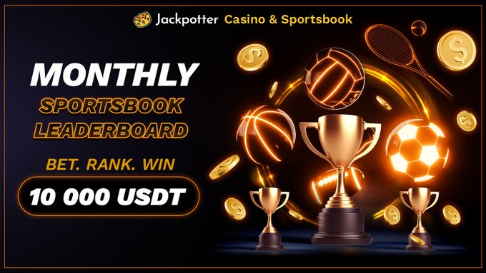 A Jackpotter Casino & Sportsbook ad for a monthly sportsbook leaderboard with a 10,000 USDT prize pool, displaying sports balls and trophies.