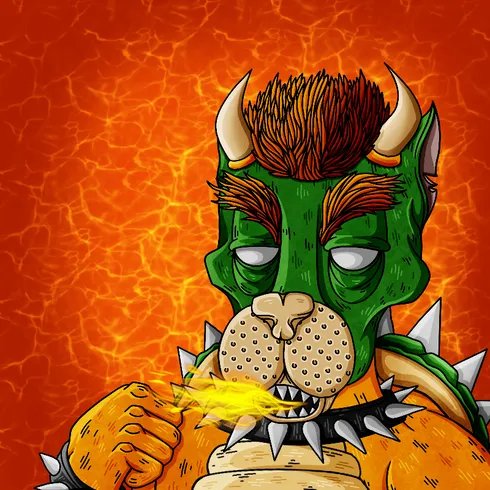 A digital illustration of a fierce, cartoonish character with green skin, horns, and an orange mohawk, breathing fire against a red backdrop.