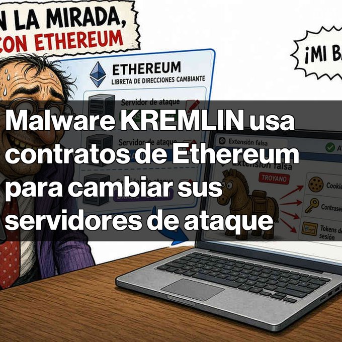 An illustration with Spanish text 'Malware KREMLIN usa contratos de Ethereum para cambiar sus servidores de ataque,' showing a worried man next to a laptop displaying a Trojan horse disguised as a browser extension and Ethereum attack servers.