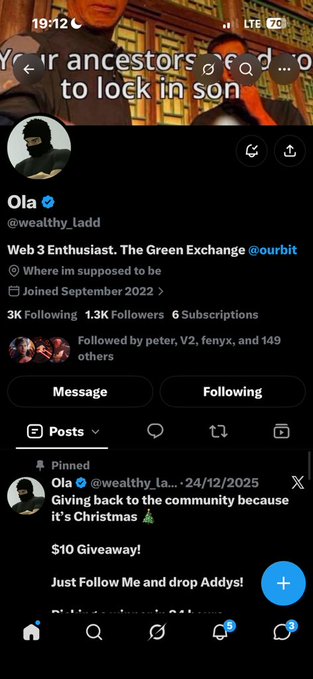 A Twitter/X profile page for 'Ola' (@wealthy_ladd), a Web 3 Enthusiast with 1.3K followers, showing a pinned tweet about a Christmas $10 giveaway.
