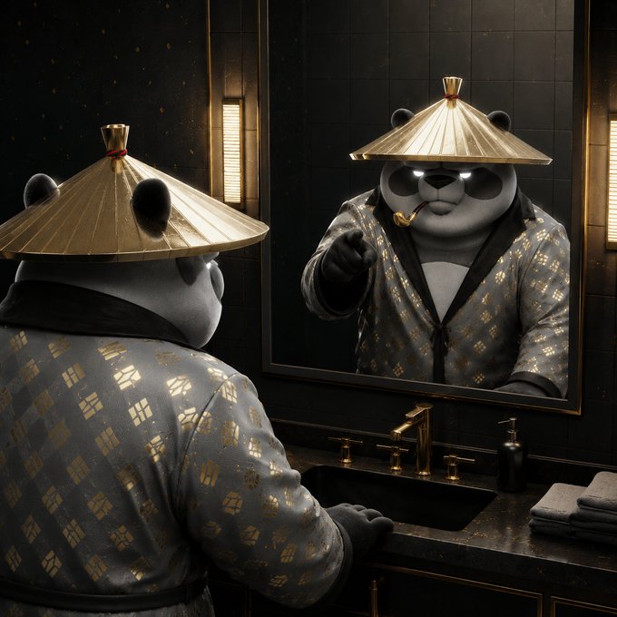 A panda dressed in a gold-patterned robe and conical hat stands before a bathroom mirror, confidently pointing at its reflection while smoking a pipe—an image of self-empowerment that visually reinforces the post's message of self-belief and personal motivation.