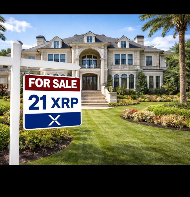 A large mansion is listed for sale with a sign reading "FOR SALE 21 XRP" and a logo, symbolizing a high-value property priced in XRP cryptocurrency. The image creatively illustrates the post's message about leveraging XRP's value to secure significant assets by moving crypto off exchanges into decentralized wallets.