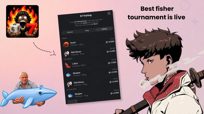 Promotional graphic for a fishing tournament featuring app screenshots, dice emoji, an animated fisherman, and the text 'Best fisher tournament is live'.