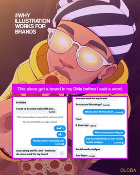 A stylized illustration of a person wearing sunglasses, a striped beanie, and eating pizza is displayed alongside DMs from "JB Okha" and others commenting on the artwork, with text reading "WHY ILLUSTRATION WORKS FOR BRANDS" and "This piece got a brand in my DMs before I said a word," visually supporting the founder's claim that the Bitcoin Pizza Day illustration attracted inbound interest from food tech founders.