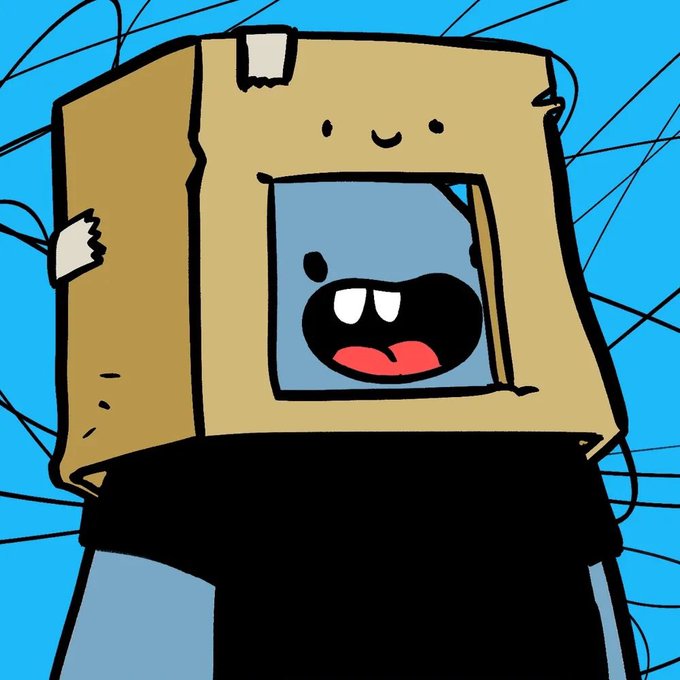 A cartoon illustration of a cardboard box character with a friendly face drawn on it, housing a small, dark creature with two prominent white teeth and a red tongue visible through a square opening, set against a bright blue background with sketchy black lines.