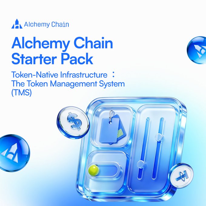 A clean, blue-toned promotional graphic for "Alchemy Chain Starter Pack" featuring the tagline "Token-Native Infrastructure: The Token Management System (TMS)" alongside 3D illustrations of token icons and a control panel design. The image visually represents the post's message by showcasing a simple, user-friendly interface for issuing and tracking tokens, emphasizing accessibility for businesses without complex coding.