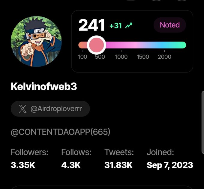 X (Twitter) profile page for user Kelvinofweb3 (@Airdroploverrr) featuring a Naruto profile picture, a score of 241 (+31), the status 'Noted', 3.35K followers, 4.3K follows, 31.83K tweets, and a join date of Sep 7, 2023.