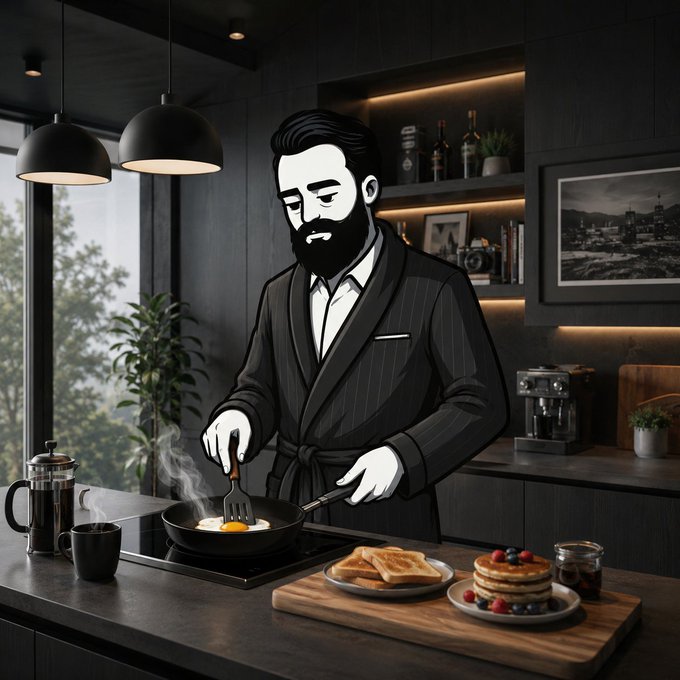 A stylized illustration of a bearded man in a black pinstripe robe cooking eggs in a modern dark kitchen, with pancakes and toast displayed on the counter.