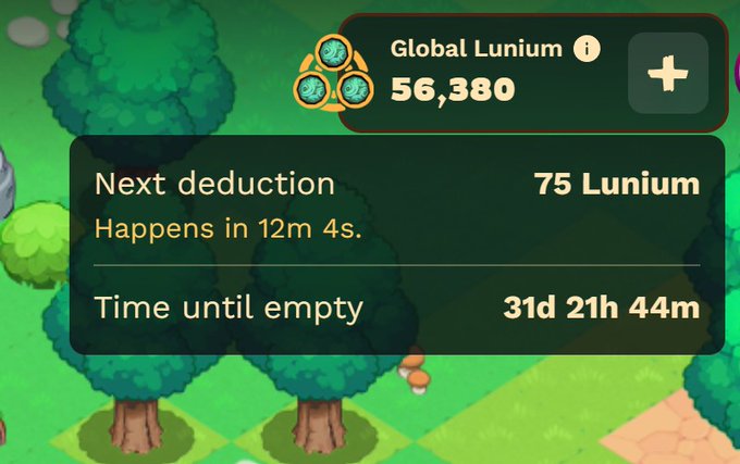 A video game interface displaying 'Global Lunium' balance of 56,380, with text indicating 'Next deduction: 75 Lunium, Happens in 12m 4s' and 'Time until empty: 31d 21h 44m'.