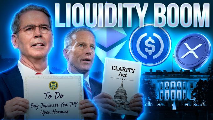 The image is a YouTube thumbnail headlined "LIQUIDITY BOOM," featuring political figures holding notes that read "CLARITY Act" and "To Do: Buy Japanese Yen JPY, Open Hormuz," alongside USDC and XRP logos and the White House. It visually promotes the video's theme of an incoming on-chain Japan carry trade, tied to the post's bullish $BTC, $ETH, $SOL, and $XRP tickers.