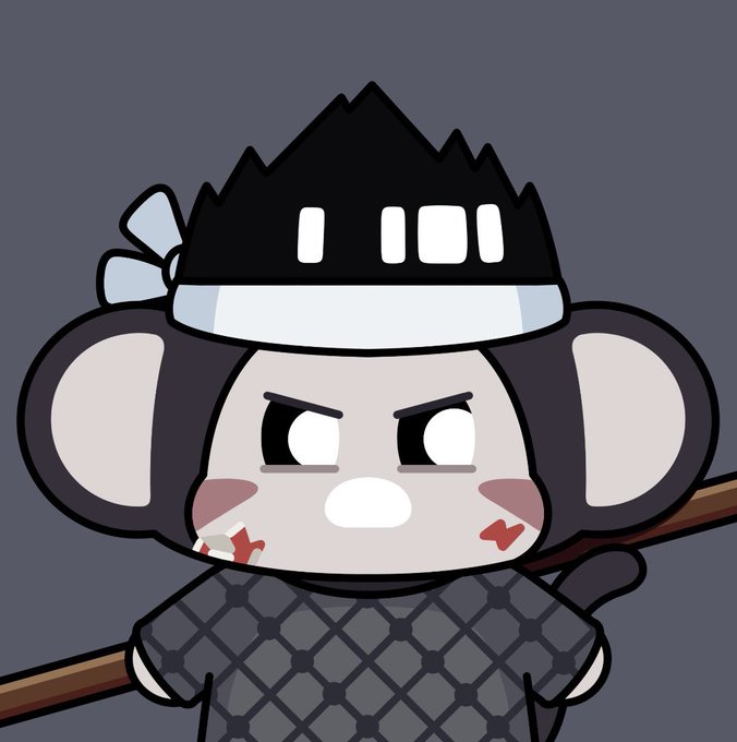 A cartoon illustration of an angry monkey-like character wearing a chainmail hood and wielding a sword, featuring small red marks on its face.