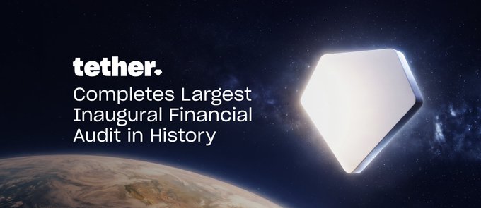 Tether (ticker implied by context) promotes its completion of the largest inaugural financial audit in history, featuring a glowing white 3D block (likely representing a stablecoin or blockchain element) hovering above Earth against a starry cosmic backdrop. The image supports the announcement of Tether's first full independent audit by KPMG U.S., which confirmed reserves exceeding liabilities by $6.814 billion.