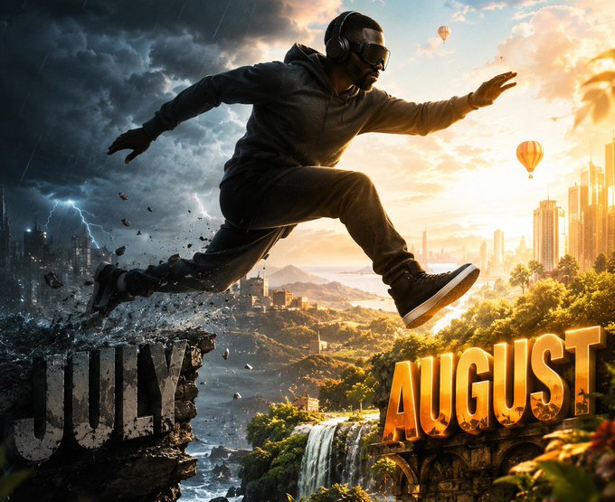 A dramatic split-scene illustration showing a person jumping from a stormy 'JULY' cliff toward a sunny 'AUGUST' landscape.