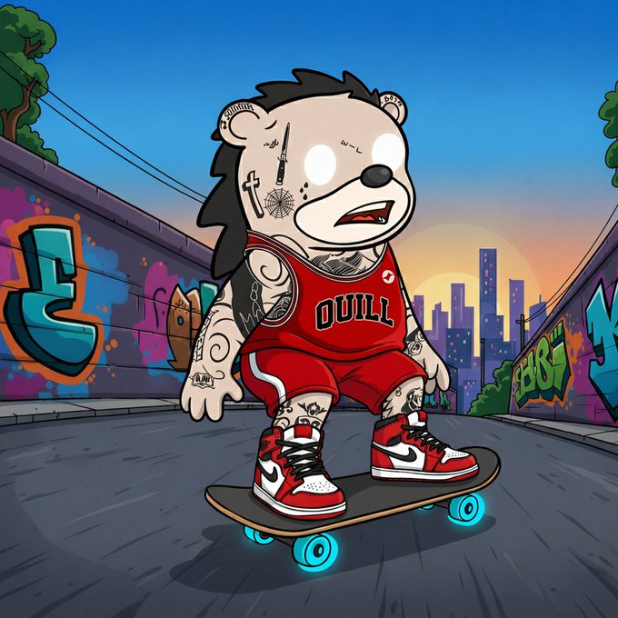 A cartoon illustration of a tattooed bear character wearing a red 'QUILL' basketball jersey and sneakers, riding a skateboard down a graffiti-covered street at sunset.