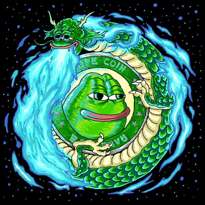 A digital illustration of a Pepe-style green frog coiled around a "THE E COIN" token, surrounded by swirling blue flames against a starry black background.