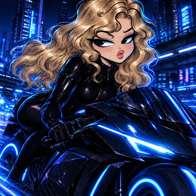 A stylized digital illustration of a blonde woman in a black outfit riding a futuristic motorcycle with glowing blue accents in a neon-lit city.