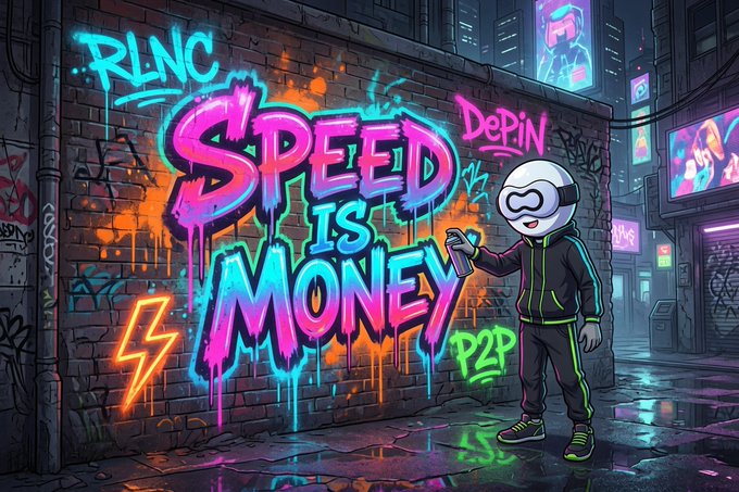 A vibrant graffiti-style illustration showing a character in a VR headset spray-painting 'SPEED IS MONEY' on a brick wall, with surrounding tags like 'RLNC', 'DePIN', and 'P2P'.