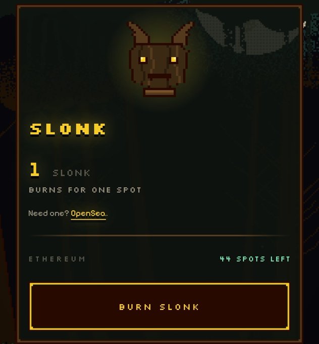 The image shows a "SLONK" NFT collection page with a pixelated dog avatar, displaying "1 SLONK" that "BURNS FOR ONE SPOT," along with "44 SPOTS LEFT" and a "BURN SLONK" button. It visually confirms the post's claim about the 44 remaining allowlist spots, each requiring a SLONK burn to secure entry.