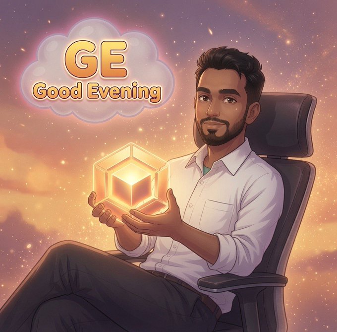 A digital illustration of a bearded man in a white shirt sitting in a chair holding a glowing yellow cube, with a 'GE Good Evening' thought bubble against a starry sunset sky.