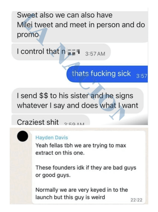 A screenshot of text messages and a comment from Hayden Davis discussing control over a tweet, payments to family members for signatures, and concerns about maximizing extraction on a launch, with a caption noting the dismissal of the $LIBRA/$M3M3 class action lawsuit.
