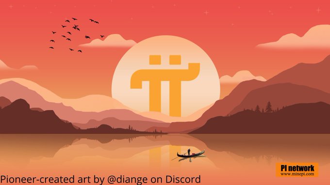 A Pi Network promotional graphic with a sunset landscape, lake, boat, and birds, featuring the gold π symbol and text crediting 'Pioneer-created art by @diange on Discord' at the bottom.