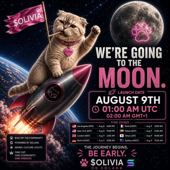 A launch announcement for the $OLIVIA memecoin on Solana, featuring a cat on a rocket with the tagline "WE'RE GOING TO THE MOON," launch date August 9th at 01:00 AM UTC, with global time zones listed.