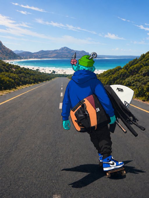 A person in a blue hoodie, green beanie, and green mask carrying an orange and black duffel bag while skateboarding down a coastal road toward a turquoise beach, also holding a snowboard.