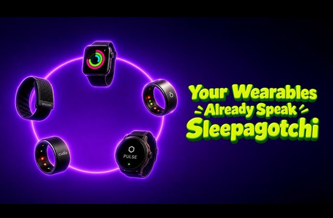 A digital advertisement features four wearable smart rings and watches arranged in a glowing purple circle, with the text 'Your Wearables Already Speak Sleepagotchi' and the word 'PULSE' visible on one watch face.