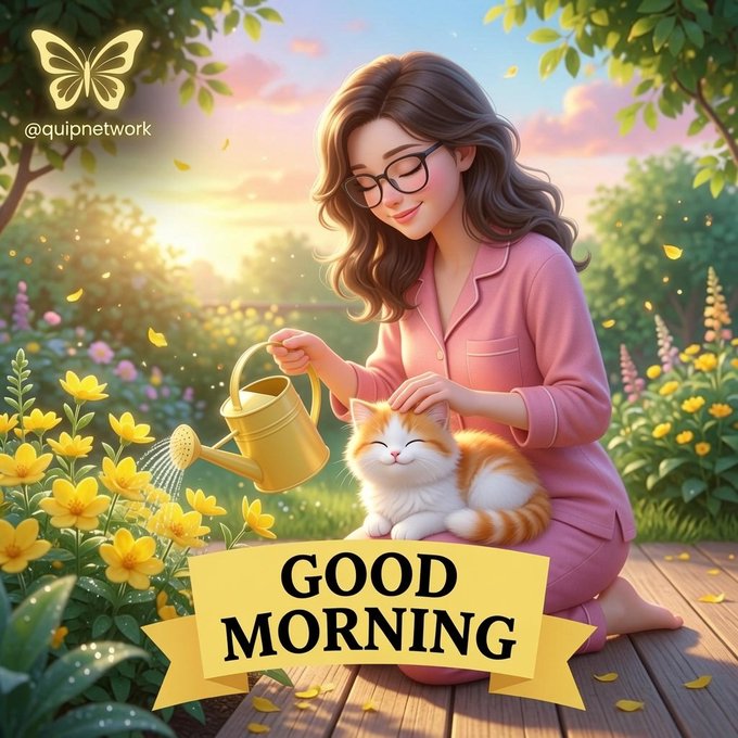 The image features an illustration of a woman sitting on a wooden bench, holding a watering can next to her cat. The scene takes place outdoors surrounded by flowers, with a banner that reads "Good morning CT The future doesn't wait for the perfect moment, it rewards the builders who prepare early." This post is related to the topic of digital assets and the importance of securing them in the era of quantum computing.
