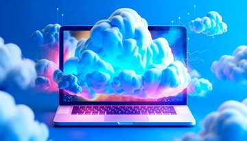 A laptop displaying vibrant blue and pink clouds emerging from its screen, symbolizing cloud-based digital infrastructure. The image visually reinforces the post's message about FQL Exchange offering smarter Web3 access through cloud mining technology.