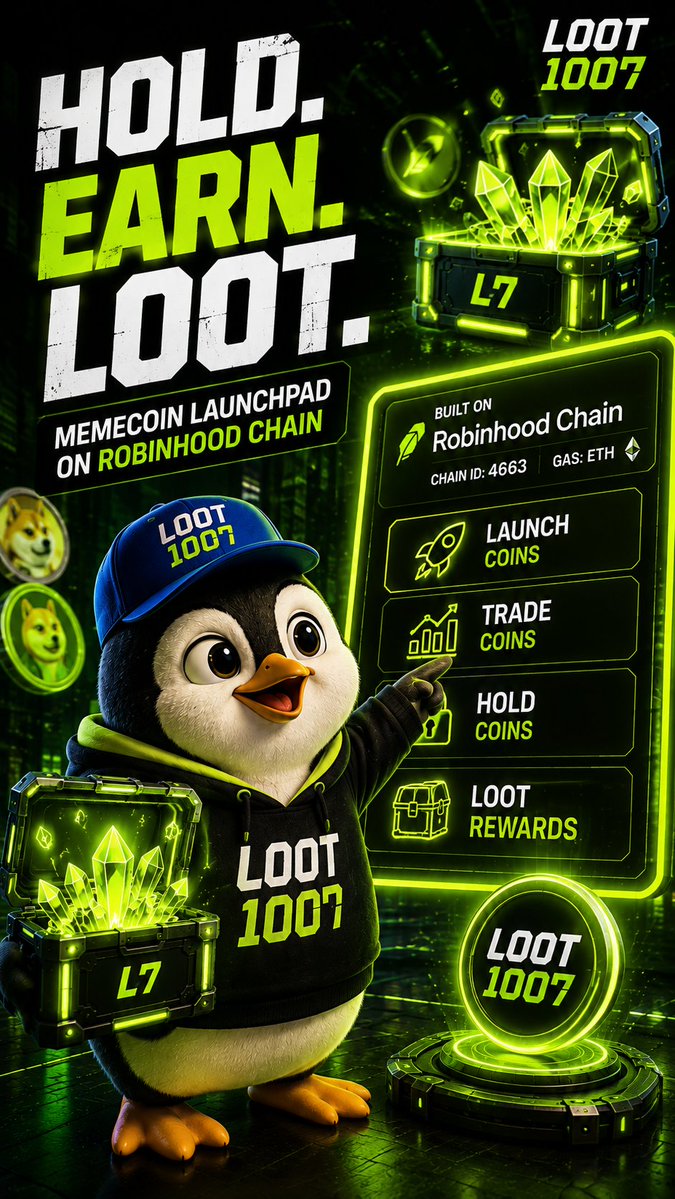 A promotional graphic for 'LOOT 1007', a memecoin launchpad on Robinhood Chain, featuring an animated penguin mascot holding a glowing green treasure chest.
