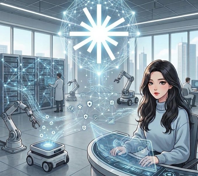 An anime-style illustration of a dark-haired woman in a gray turtleneck working at a holographic computer console in a futuristic lab with robots, servers, and a glowing starburst logo.