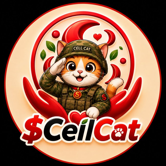 A circular logo featuring a cartoon cat in military camouflage gear and a helmet labeled 'CELL CAT' saluting, with '$CeilCat' branding below.