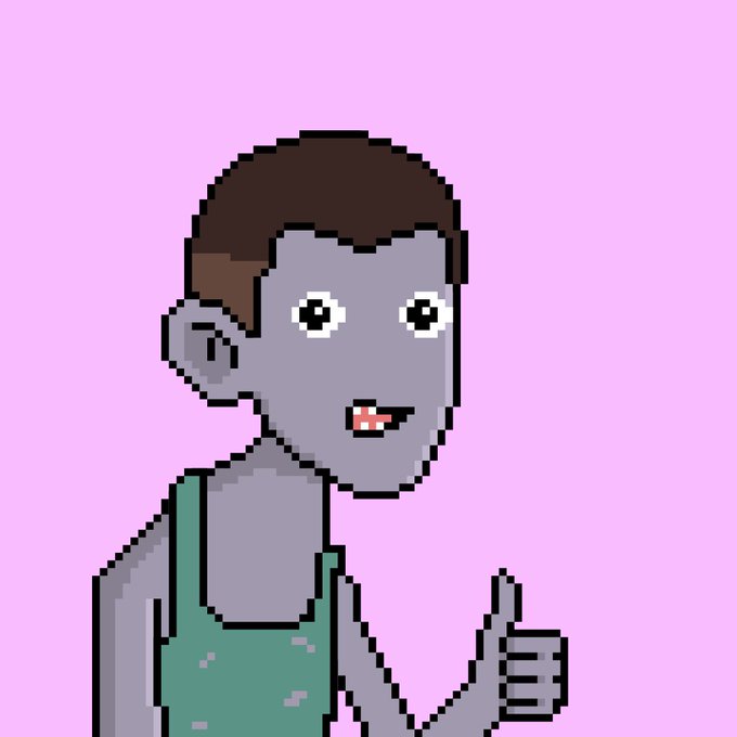 A pixel art illustration of a gray-skinned character with brown hair wearing a green tank top, giving a thumbs-up gesture against a pink background.