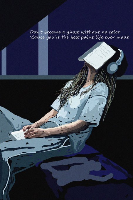 A melancholic digital painting of a figure with a record player for a head, wearing a hospital gown and sitting on a bed, with the lyric "Don't become a ghost without no color / 'Cause you're the best paint life ever made" floating above—visually echoing the song "Lili" by Aaron, as referenced in the post detailing this 1/3 NFT edition listed for 15 XTZ.