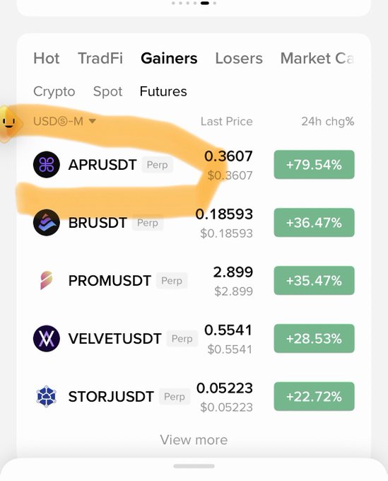 The image shows a Binance "Gainers" tab displaying top-performing perpetual futures pairs, with APRUSDT leading at +79.54% and BRUSDT second at +36.47%. This visually supports the post's claim about the impressive gains of the "$Apr" token (likely APR/USDT) on Binance over a month's time.