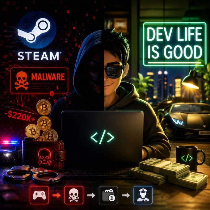 A split-screen digital artwork contrasting the 'dark side' (Steam logo, Malware warning, Bitcoin, police lights, handcuffs) with the 'good life' (neon 'DEV LIFE IS GOOD' sign, Lamborghini, cash, code symbols) of a hooded developer at a laptop.