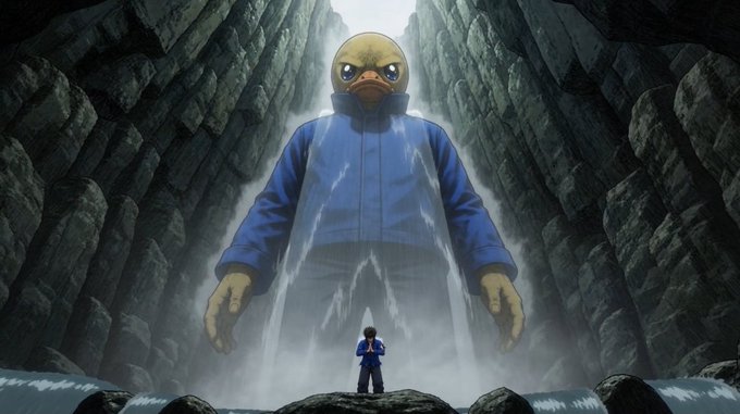 An anime-style illustration shows a small figure standing before a giant humanoid duck wearing a blue hoodie, set within a dramatic rocky canyon with waterfalls.