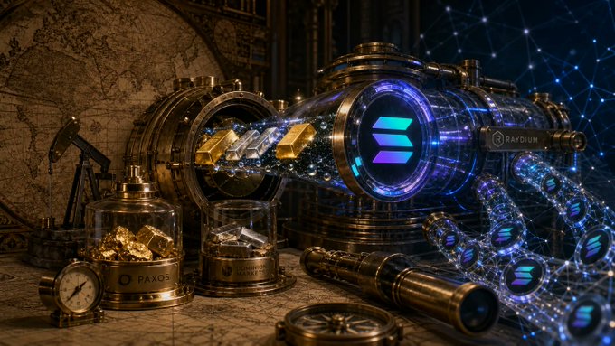 An artistic image depicting gold bars and Solana (SOL) cryptocurrency logos transitioning through a steampunk-style machine with DNA helixes on the right side.
