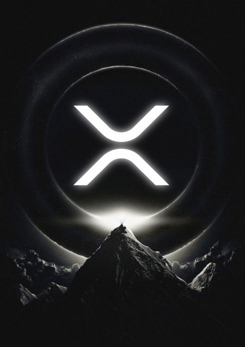 A glowing white XRP cryptocurrency logo centered against a dark cosmic background with mountain peaks and concentric rings.