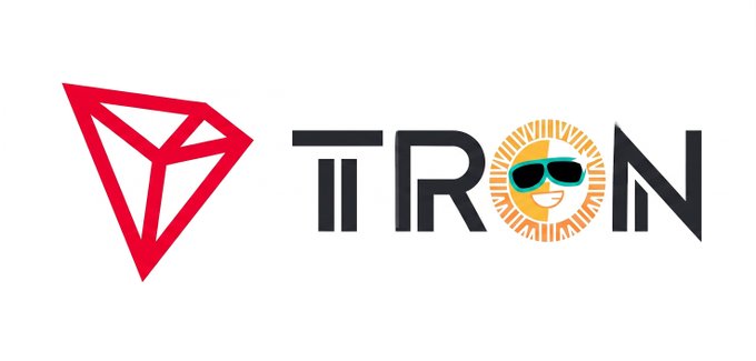 The image displays the TRON logo alongside a stylized "TRON" wordmark where the letter "O" is creatively replaced by a smiling sun wearing sunglasses, symbolizing SUN.io's role in powering the TRON DeFi ecosystem as highlighted in the accompanying post.