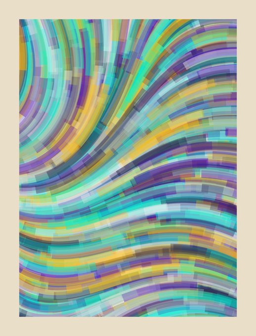 This image is a generative art piece featuring a flowing, abstract composition of curved, mosaic-like bands in vibrant hues of teal, purple, gold, and blue. It aligns with the post's description of an early alpha collection on the Robinhood chain, showcasing the dynamic geometric shapes and flow techniques that define this artwork by @TheWaveaArt.