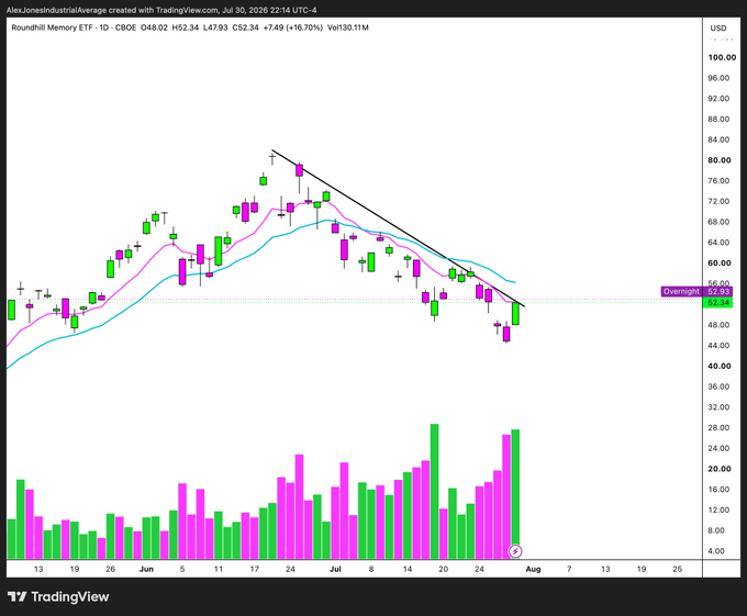 A TradingView candlestick chart of Roundhill Memory ETF (DRAM) shows a sharp decline, with the price falling 16.70% to $48.02 amid heavy selling volume, breaking below a descending trendline. The caption "$DRAM He sold pump it meme" appears to sarcastically mock the "meme stock" hype, as the chart reveals DRAM's steep downturn rather than a rally.